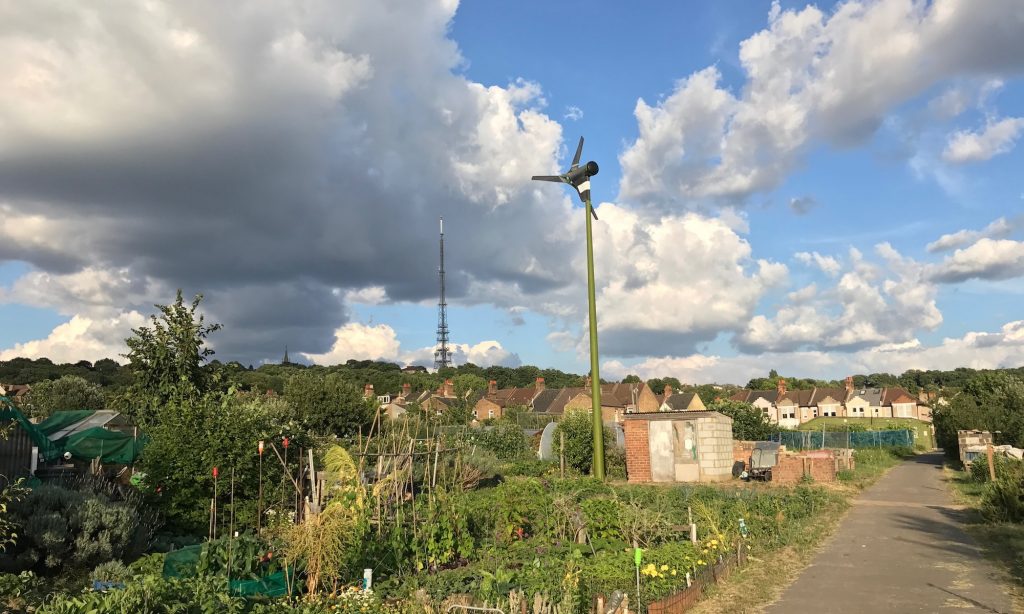 View over site with wind turbine